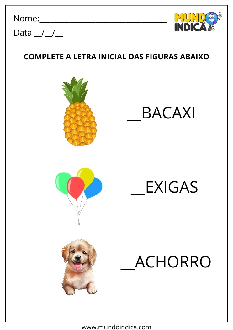 Atividade de Alfabetização Complete a Letra Inicial das Figuras para Imprimir