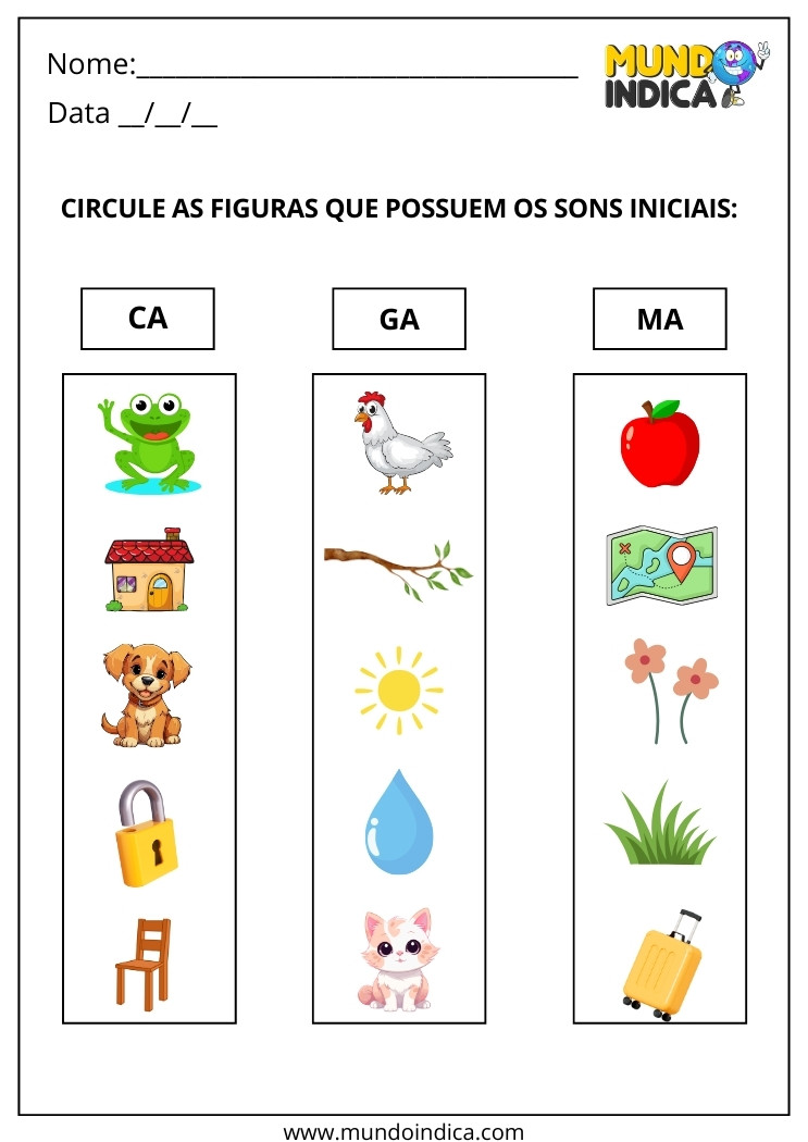 Atividade de Aliteração Circule as Figuras que Possuem os Sons Iniciais Ca, Ga, Ma nas Colunas para Imprimir