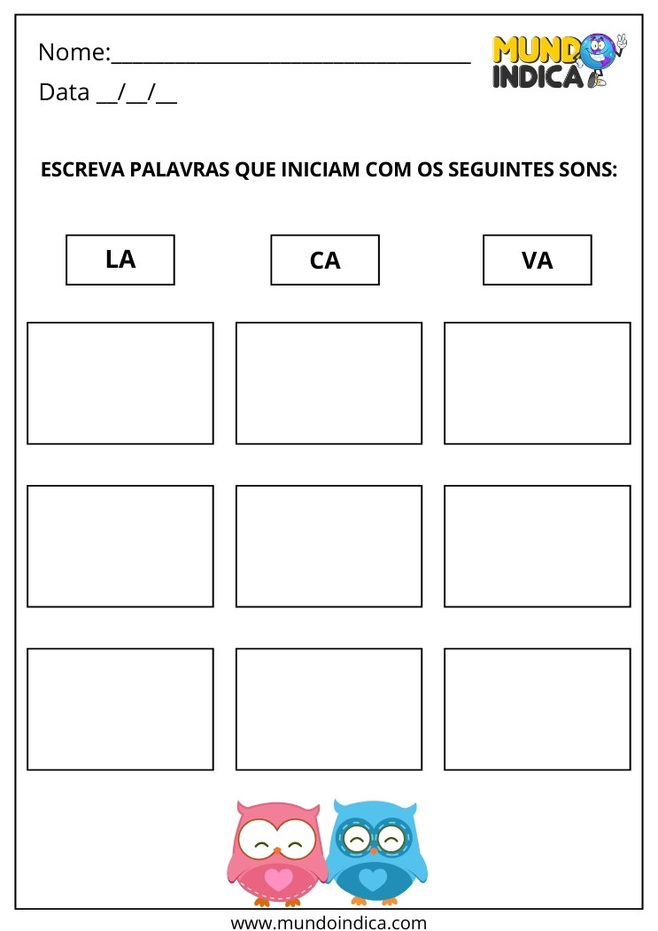 Atividade de Aliteração Escreva Palavras que Iniciam com os Sons La, Ca, Va para Imprimir