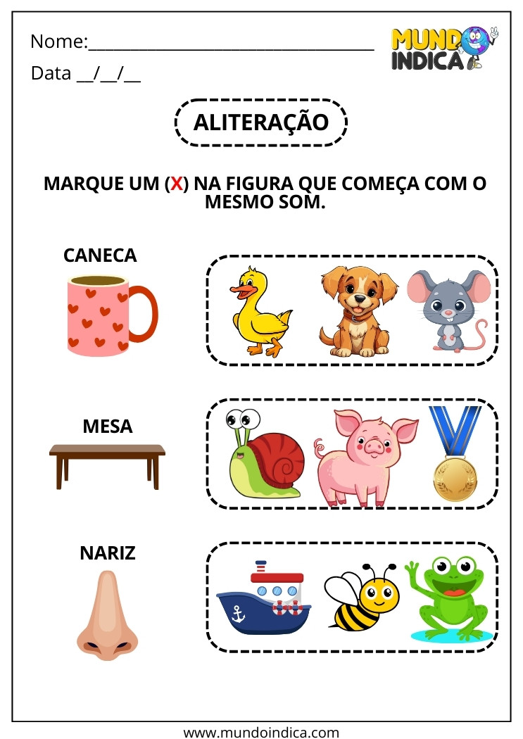 Atividade de Aliteração Marque um X na Figura que Começa com o Mesmo Som para Imprimir