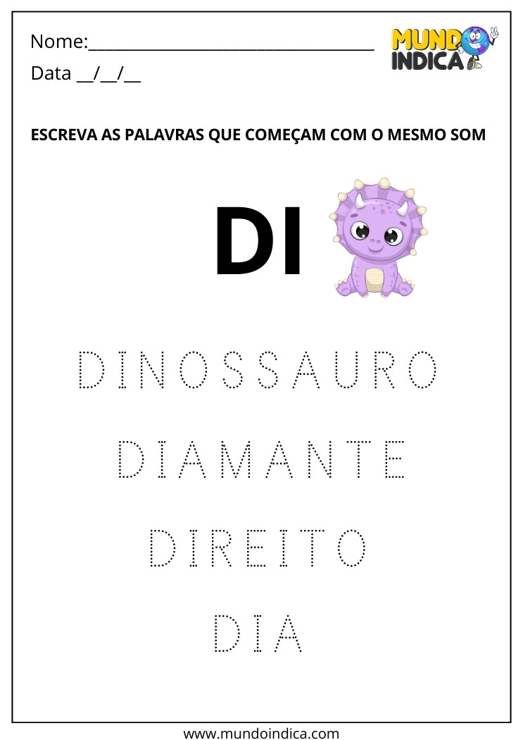 Atividade de Aliteração para Imprimir Escreva as Palavras que Começam com o Mesmo Som DI de Dinossauro