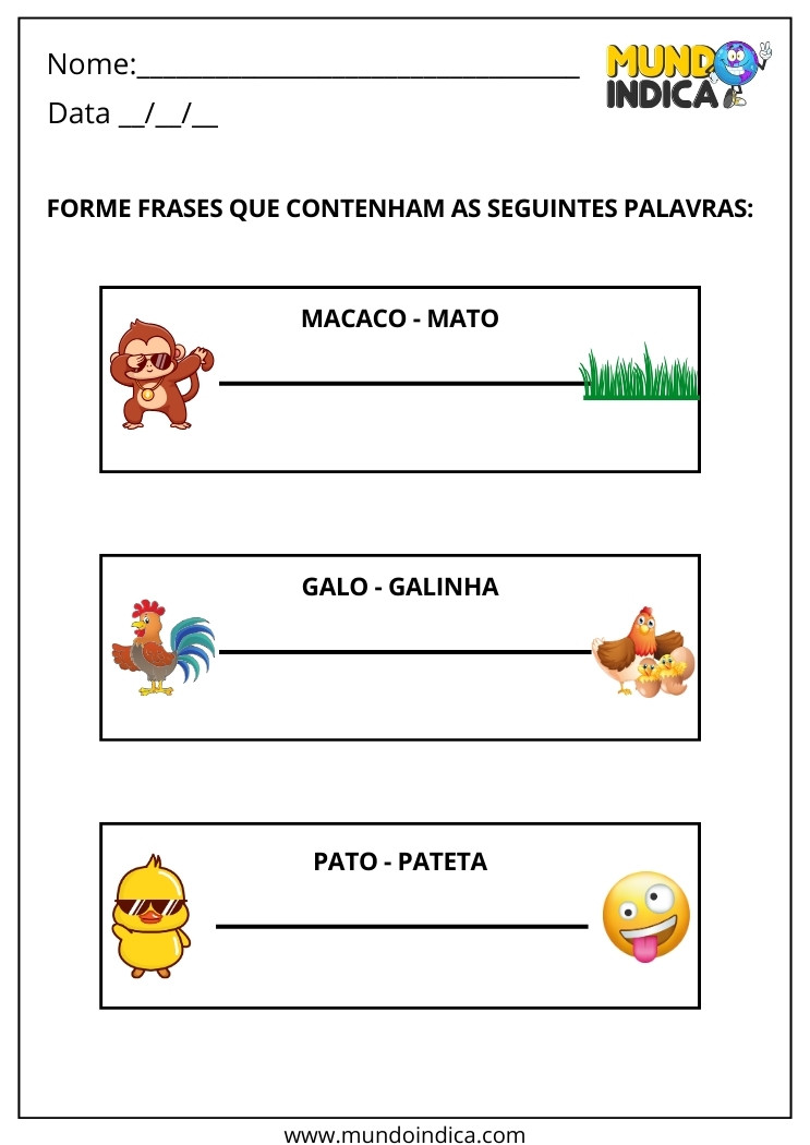 Atividade de Aliteração para Imprimir Forme Frases que Contenham as Palavras Destacadas nos Retângulos