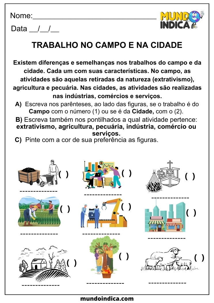 Atividade de Geografia Diferenças no Trabalho no Campo Extrativismo, Agricultura e Pecuária e Cidade Indústria, Comércio e Serviços para Alunos com TDAH para Imprimir