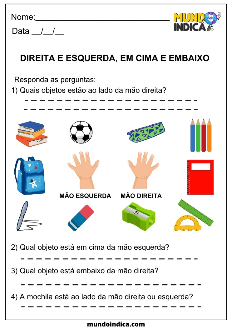 Atividade de Geografia Direita, Esquerda, Em Cima e Embaixo para Alunos com TDAH para Imprimir