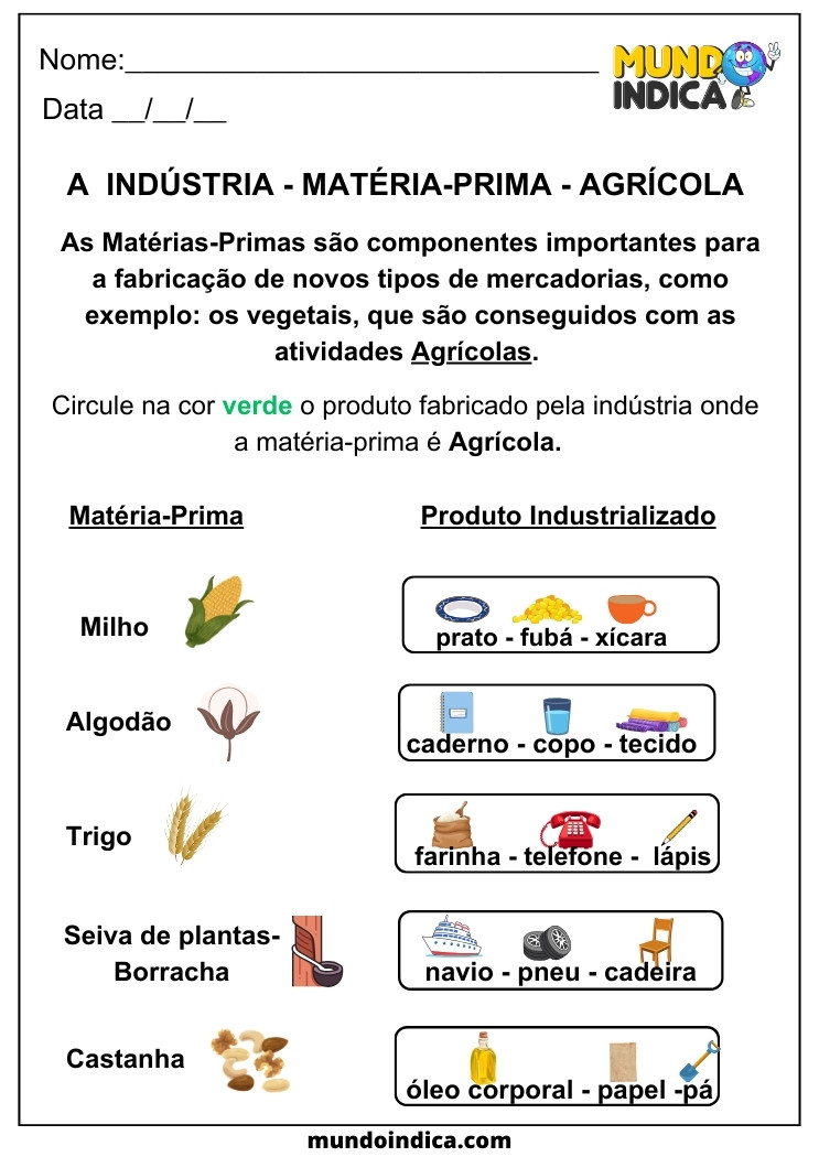 Atividade de Geografia Matéria Prima Agrícola e Produtos Industrializados para Alunos com TDAH para Imprimir