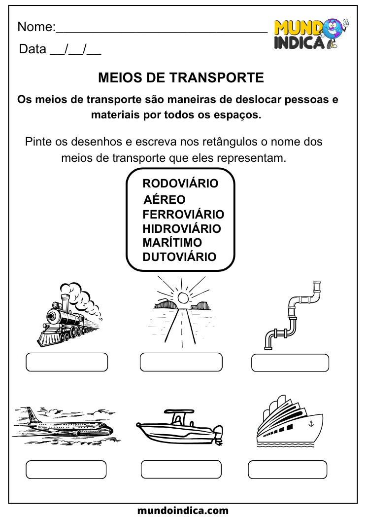 Atividade de Geografia Meios de Transporte Rodoviário, Aéreo, Ferroviário, Hidroviário, Marítimo e Dutoviário para Alunos com TDAH para Imprimir