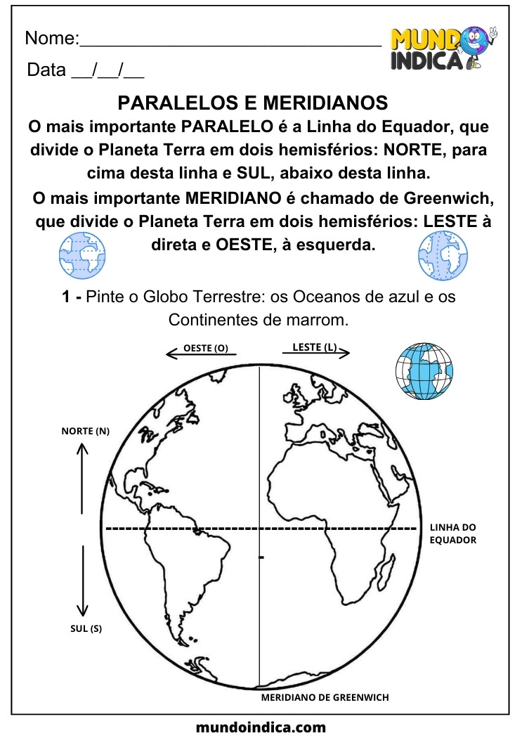 Atividade de Geografia Paralelos e Meridianos Norte, Sul, Leste e Oeste para Alunos com TDAH para Imprimir