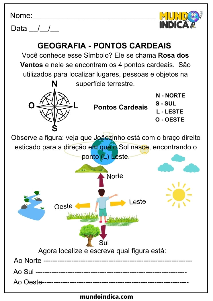 Atividade de Geografia Pontos Cardeais Rosa dos Ventos Norte, Sul, Leste e Oeste para Alunos com TDAH para Imprimir