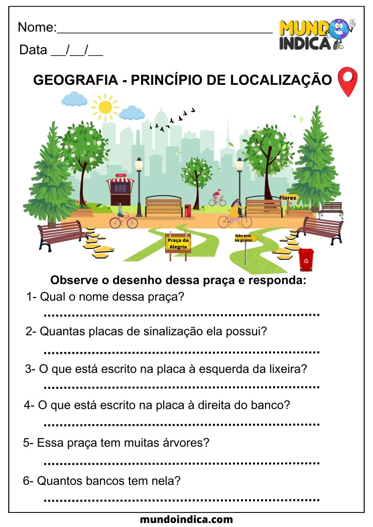 Atividade de Geografia Princípio de Localização para Identificar o Desenho da Praça e Responder para Alunos com TDAH para Imprimir