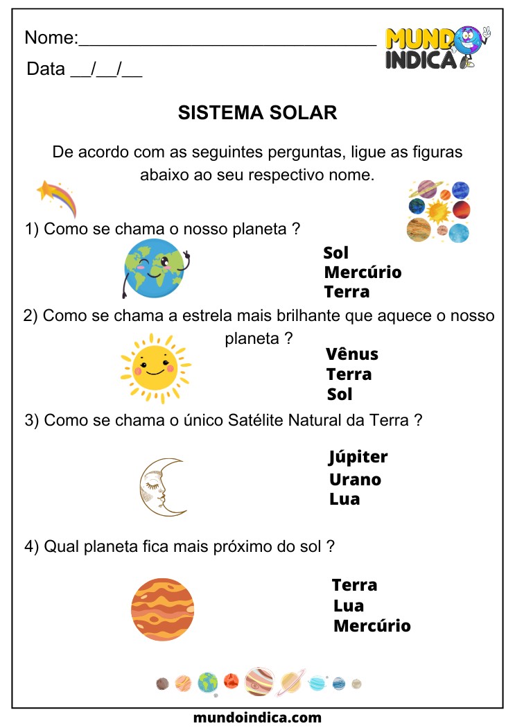 Atividade de Geografia Sistema Solar Planeta Terra, Sol, Lua, Mercúrio para Alunos com TDAH para Imprimir