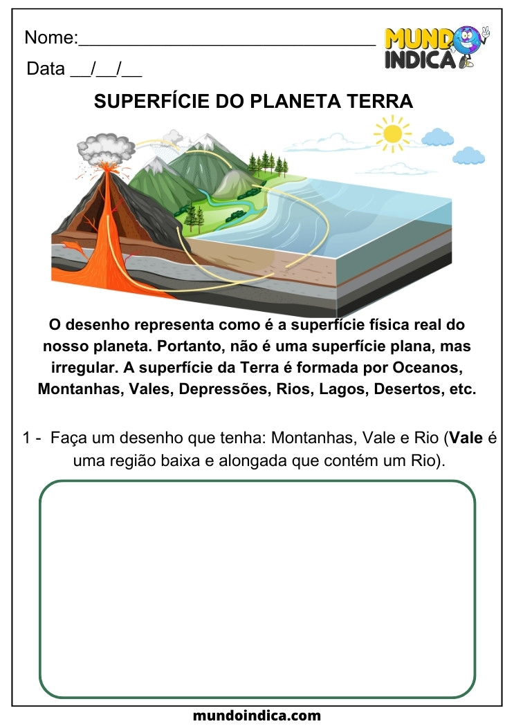 Atividade de Geografia Superfície do Planeta Terra, Oceanos, Montanhas, Vales, Depressões, Rios, Lagos, Desertos para Alunos com TDAH para Imprimir