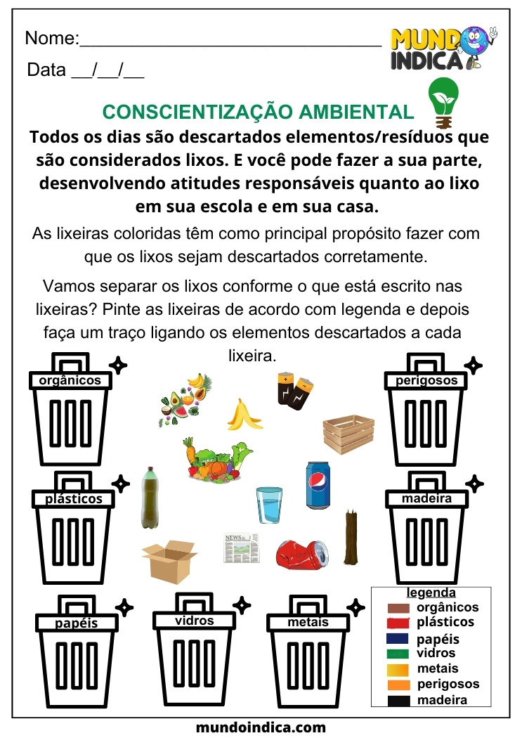 Atividade de Geografia para Alunos com TDAH Conscientização Ambiental Lixos Orgânicos, Plásticos, Papéis, Vidros, Metais, Perigosos, Madeira para Imprimir