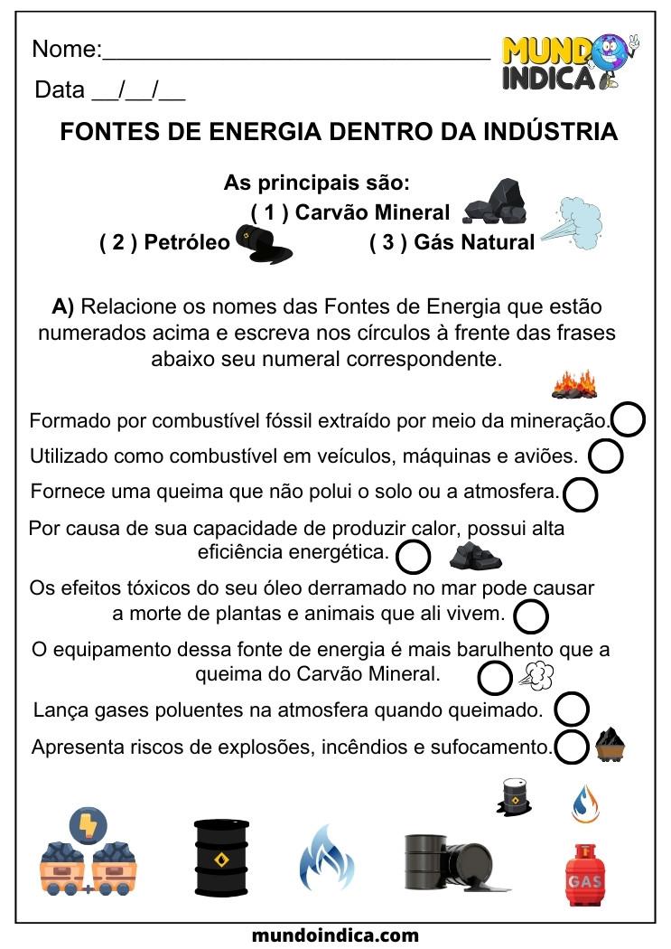 Atividade de Geografia para Alunos com TDAH Fontes de Energia na Indústria Carvão Mineral, Petróleo e Gás Natural para Imprimir