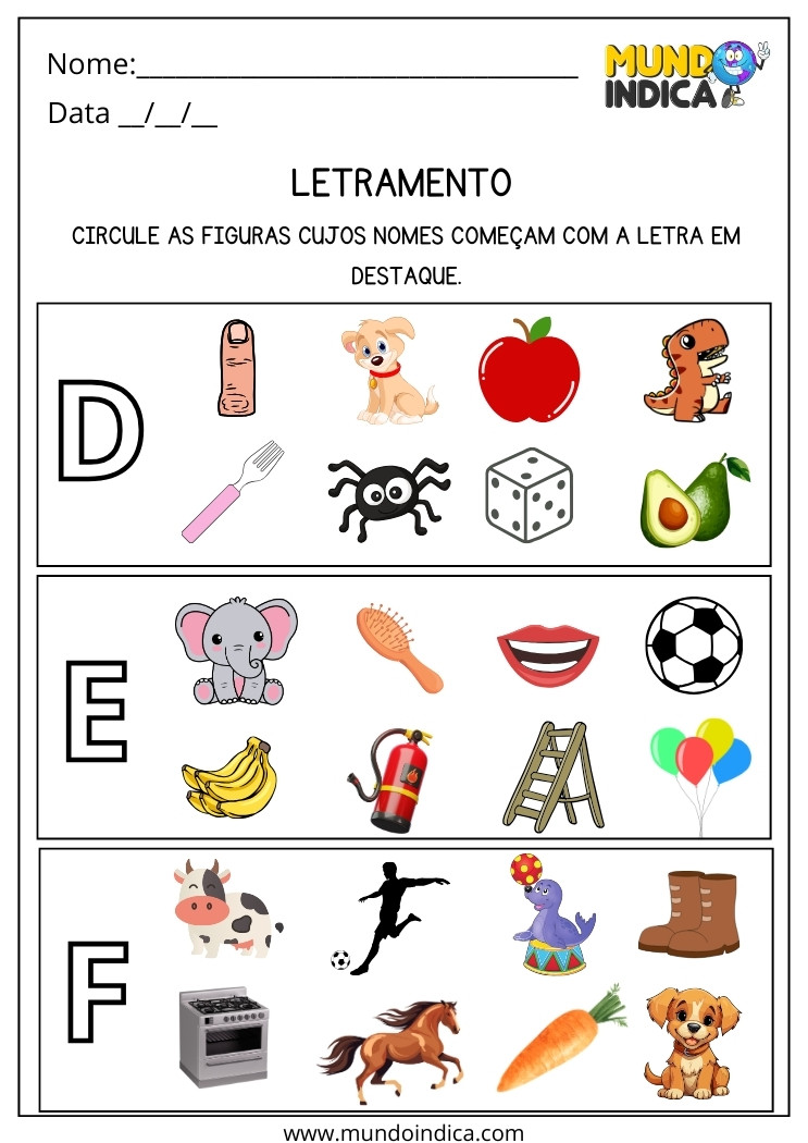 Atividade de Inclusão Português Letramento Circule as Figuras que Começam com a Letra em Destaque