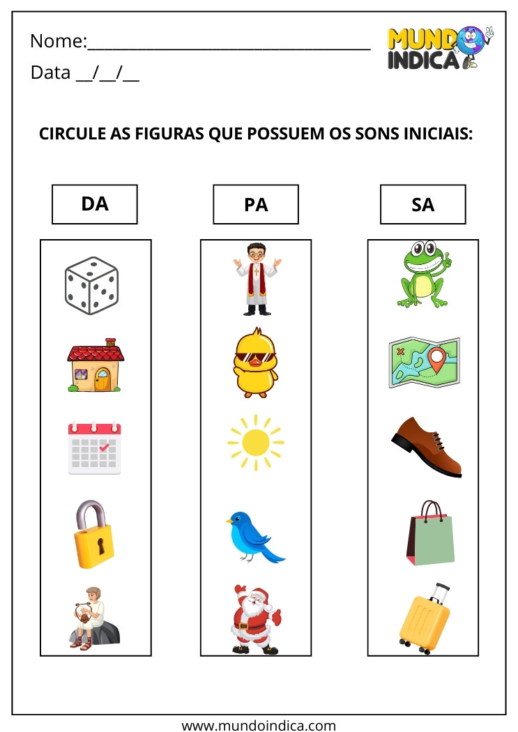 Atividade de Inclusão Português de Aliteração para Circular as Figuras que Possuem os Mesmos Sons Iniciais para Imprimir