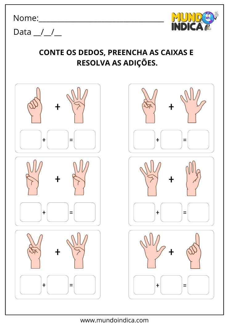 Atividade de Matemática Conte os Dedinhos, Preencha as Caixas e Resolva as Adições para Imprimir