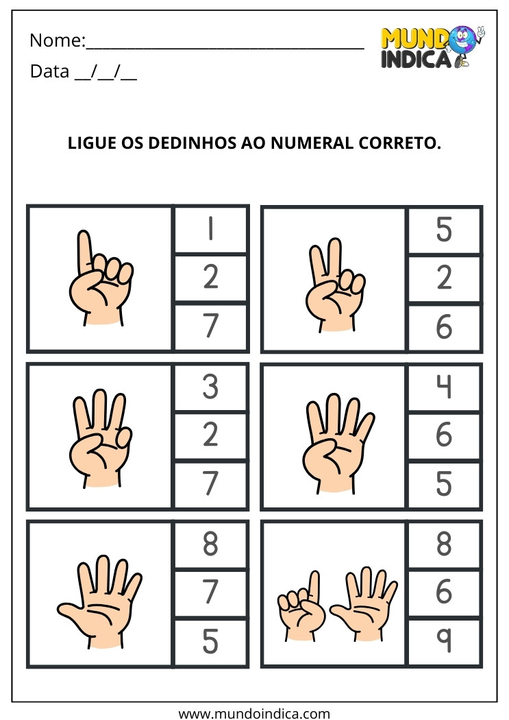 Atividade de Matemática Ligue os Dedinhos ao Numeral Correto para Imprimir