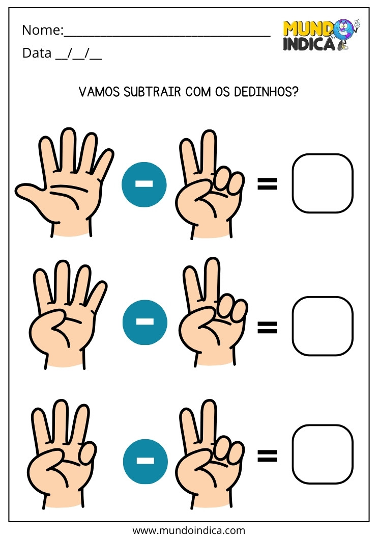 Atividade de Subtração com Dedinhos para Imprimir