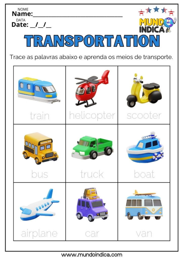 10 Atividades de Inglês sobre Meios de Transporte para Imprimir