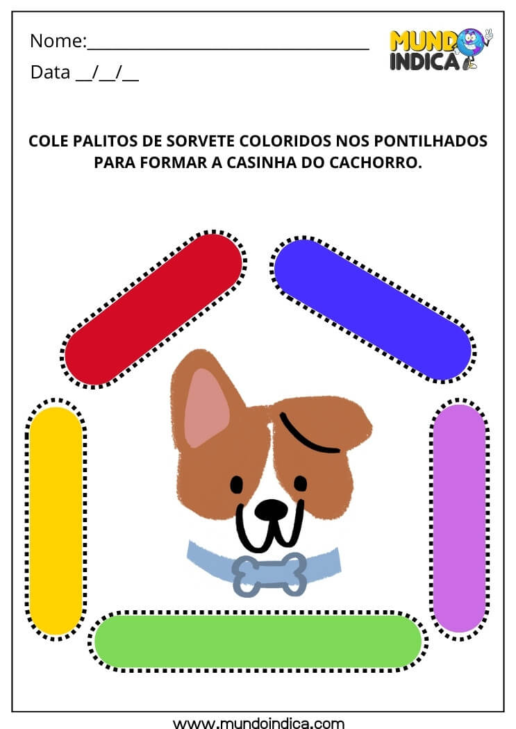 Atividade de Artes com Colagem de Palitos de Sorvete Coloridos para Formar a Casinha do Cachorro com Respostas para Imprimir