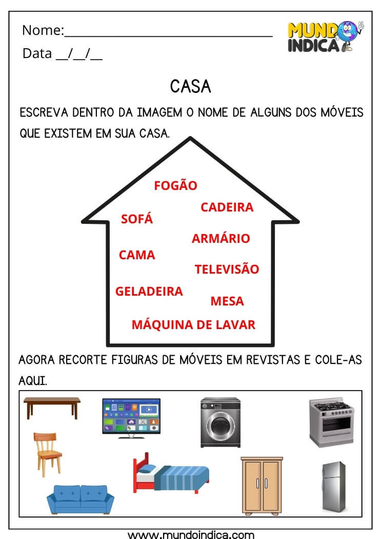 Atividade de Artes com Recorte e Colagem dos Móveis da Casa com Respostas para Imprimir