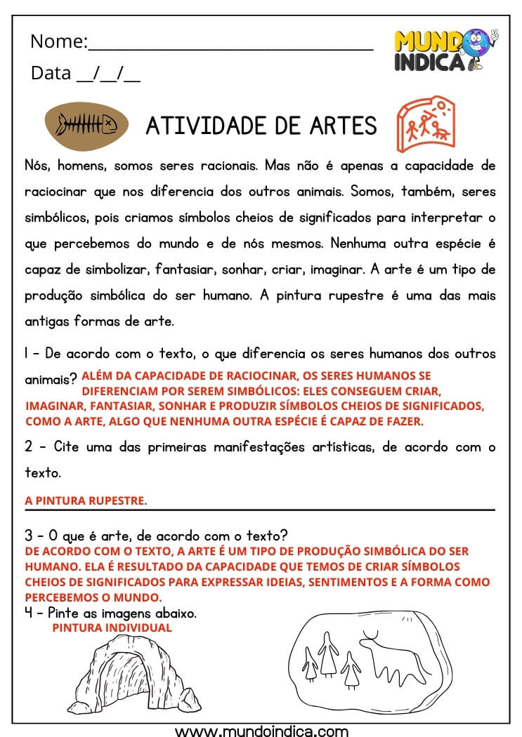 Atividade de Artes com Respostas Interpretação de Texto sobre Manifestações Artísticas e Pintura Rupestre para Imprimir
