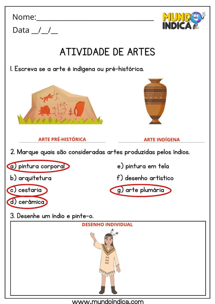 Atividade de Artes com Respostas sobre Arte Indígena e Pré-Histórica para Imprimir
