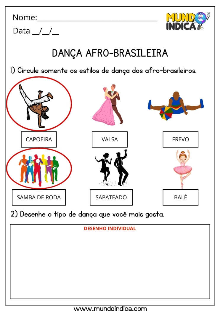 Atividade de Artes com Respostas sobre a Dança Afro-Brasileira para Imprimir