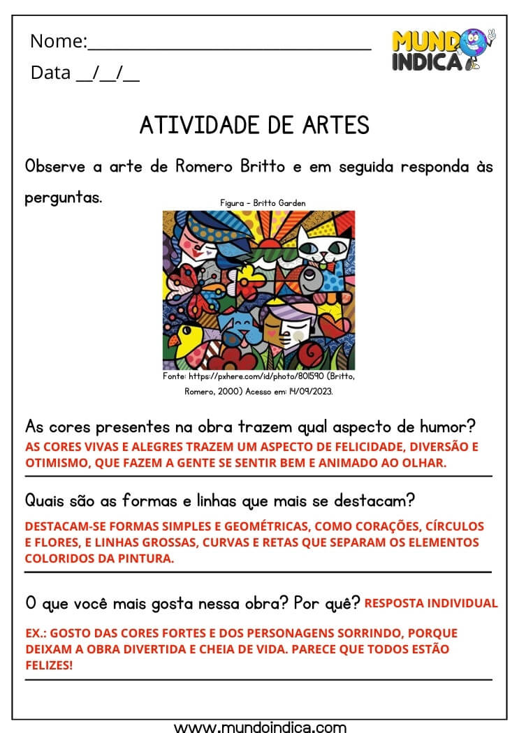 Atividade de Artes com Respostas sobre a Obra de Romero Britto para Imprimir