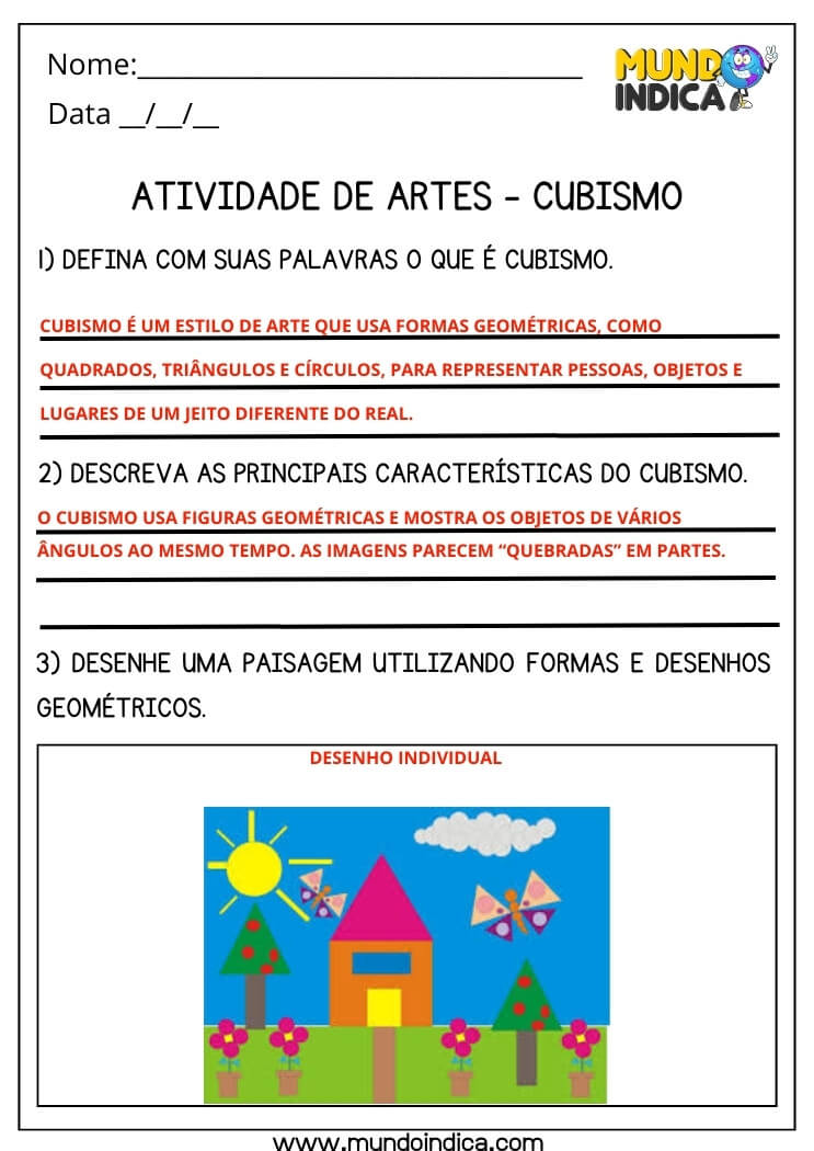 Atividade de Artes com Respostas sobre o Cubismo para Imprimir