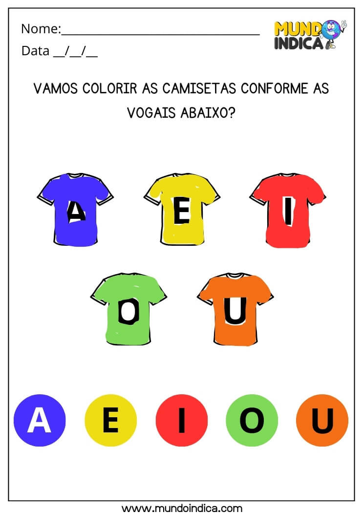 Atividade de Artes de Pintura das Camisetas Seguindo as Cores das Vogais com Respostas para Imprimir