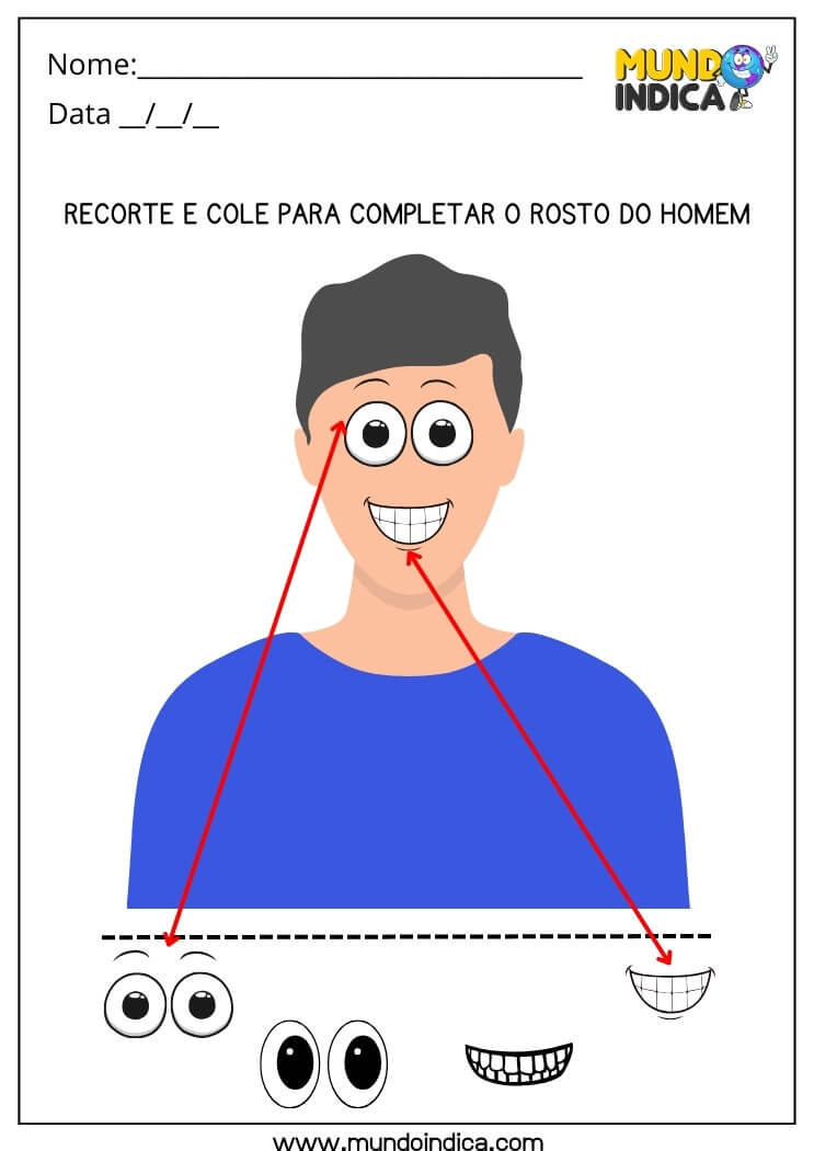 Atividade de Artes de Recorte e Colagem para Completar o Rosto do Homem com Respostas para Imprimir