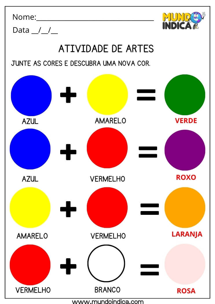 Atividade de Artes sobre Junção das Cores com Respostas para Imprimir