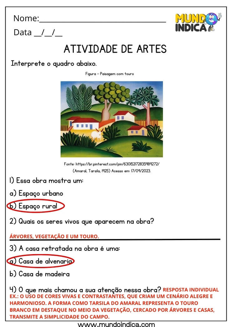 Atividade de Artes sobre a Obra de Tarsila do Amaral com Respostas para Imprimir