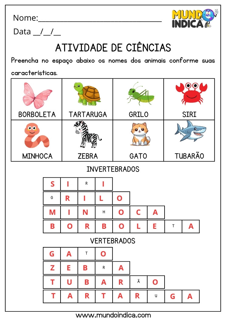 Atividade de Ciências Animais Vertebrados e Invertebrados para 4 ano Ensino Fundamental com Respostas para Imprimir