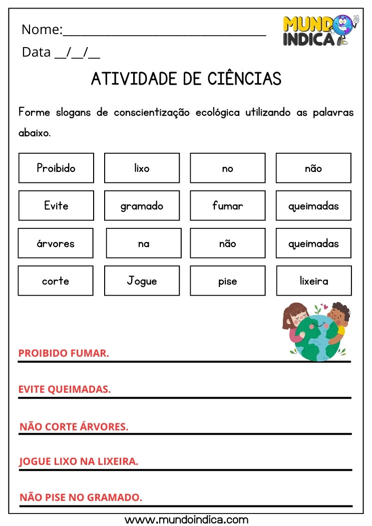 Atividade de Ciências Crie Slogans de Conscientização Ecológica Utilizando as Palavras Sugeridas para 5 ano Ensino Fundamental com Respostas para Imprimir