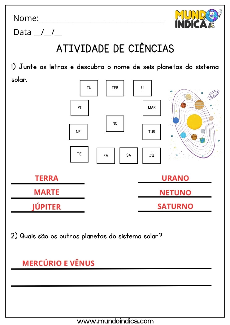 Atividade de Ciências Junte as Letras e Descubra o Nome dos Planetas do Sistema Solar para 4 ano Ensino Fundamental com Respostas para Imprimir