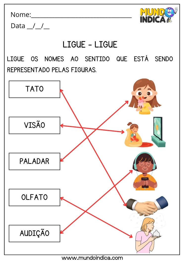 Atividade de Ciências Ligue os Nomes aos Sentidos que Estão Sendo Representados pelas Figuras para 2 ano Ensino Fundamental com Respostas para Imprimir