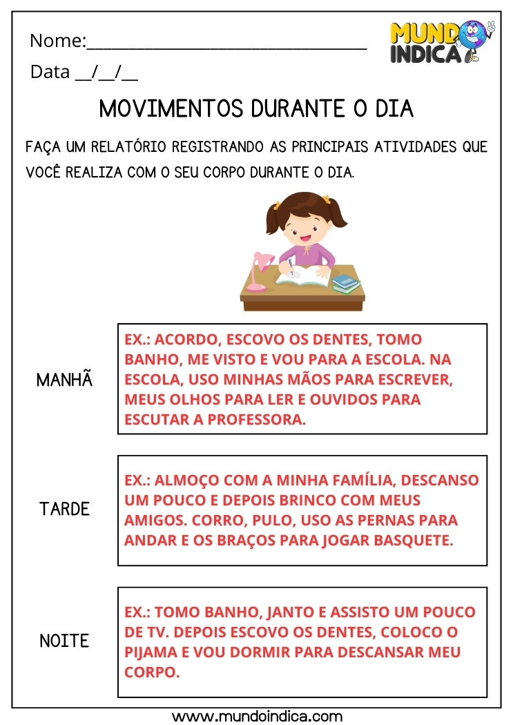 Atividade de Ciências Movimentos Durante o Dia para Fazer um Relatório para 3 ano Ensino Fundamental com Respostas para Imprimir