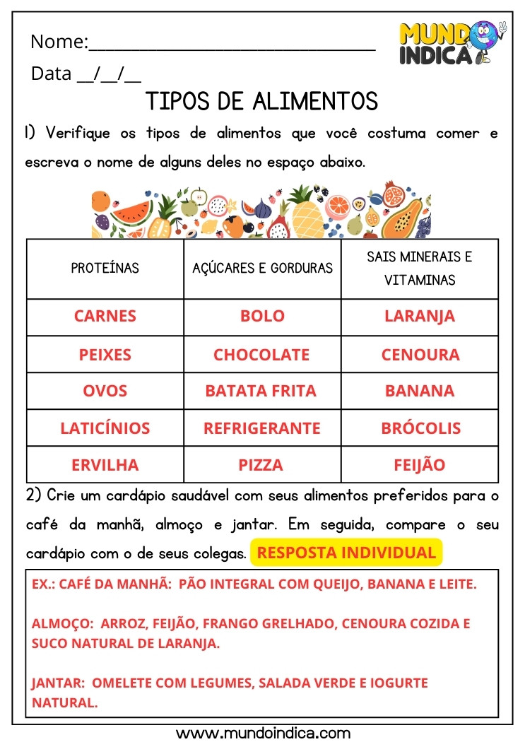 Atividade de Ciências Tipos de Alimentos Proteínas, Açúcares e Gorduras, Sais Minerais, Vitaminas e Cardápio Saudável para 5 ano com Respostas