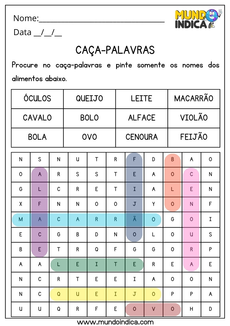 Atividade de Ciências com Caça-palavras dos Alimentos com Respostas para Imprimir