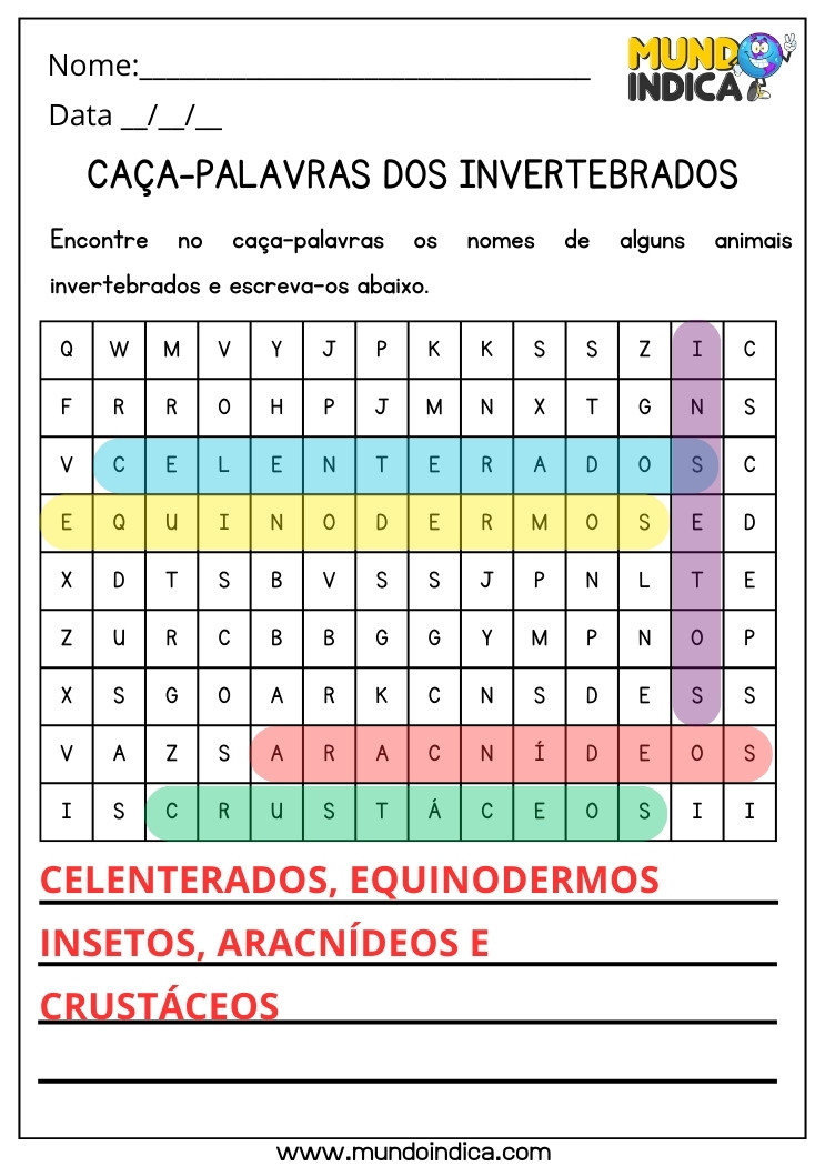 Atividade de Ciências com Caça-palavras dos Animais Invertebrados para 3 ano Ensino Fundamental com Respostas para Imprimir