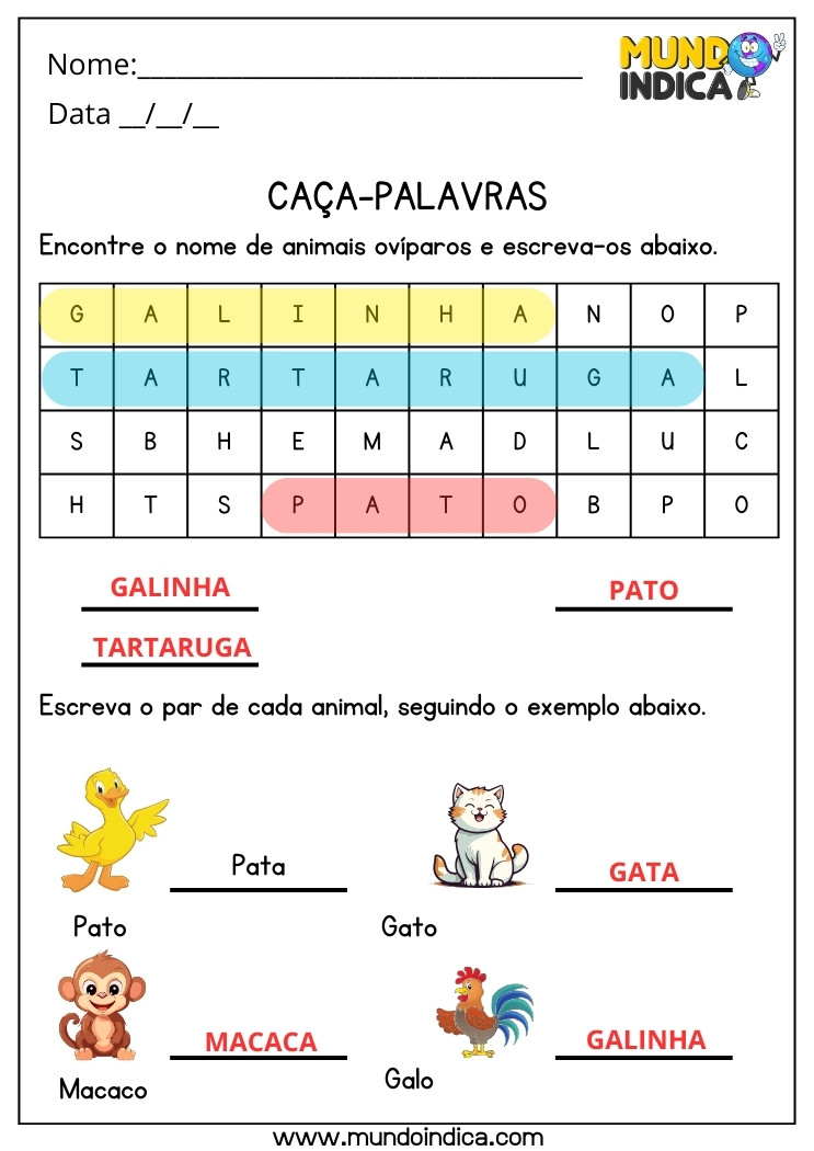 Atividade de Ciências com Caça-palavras dos Animais Ovíparos para 2 ano Ensino Fundamental com Respostas para Imprimir