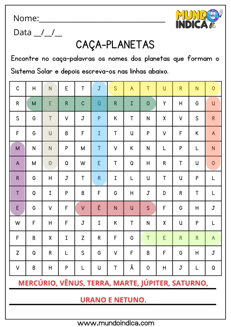 Atividade de Ciências com Caça-palavras dos Planetas que Formam o Sistema Solar para 4 ano Ensino Fundamental com Respostas para Imprimir