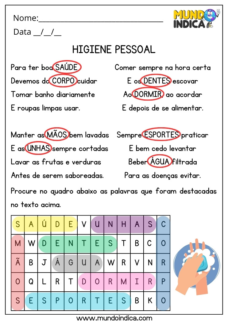 Atividade de Ciências com Caça-palavras sobre Higiene Pessoal para 2 ano Ensino Fundamental com Respostas para Imprimir