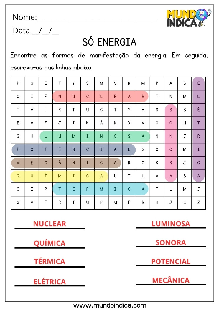 Atividade de Ciências com Caça-palavras sobre as Formas de Manifestação de Energia para 4 ano Ensino Fundamental com Respostas para Imprimir