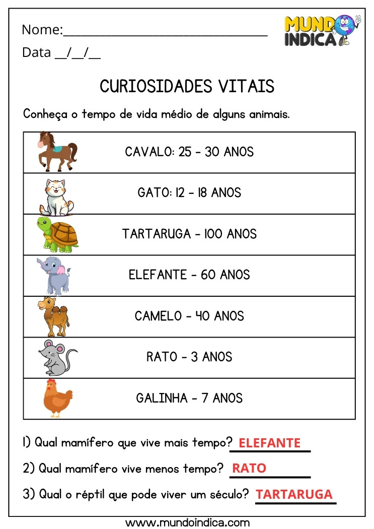 Atividade de Ciências com Curiosidades Vitais do Tempo de Vida Médio de Alguns Animais para 3 ano Ensino Fundamental com Respostas para Imprimir