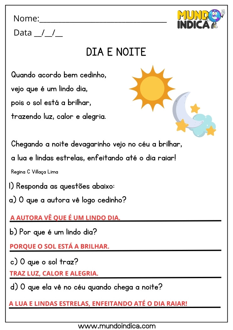 Atividade de Ciências com Interpretação de Texto sobre Dia e Noite com Respostas para Imprimir
