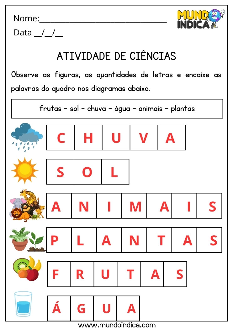 Atividade de Ciências com Respostas para Preencher os Diagramas com as Palavras do Quadro para Imprimir