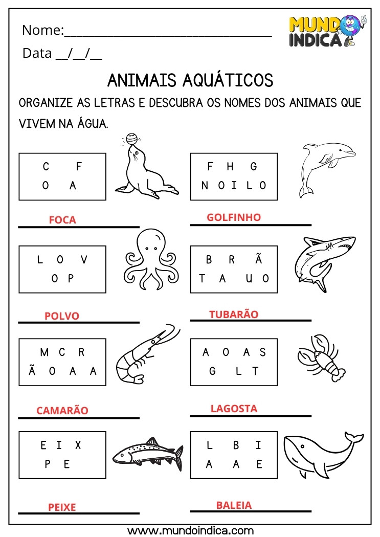Atividade de Ciências com Respostas sobre Animais Aquáticos para Imprimir